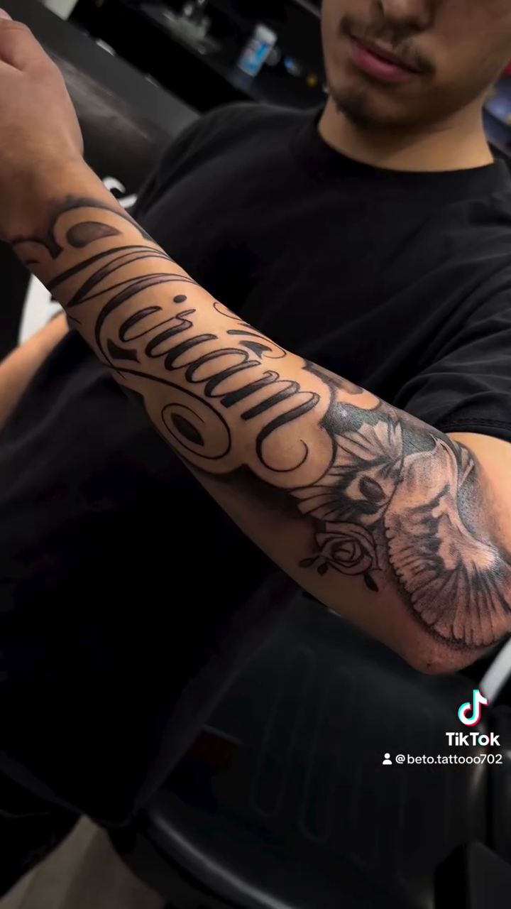 Tattoo by @beto.tattooo — lettering_script, black_and_grey