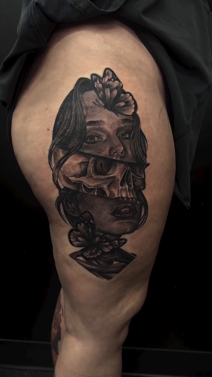 Tattoo by @rockemtatts โ dark_realism, black_and_grey