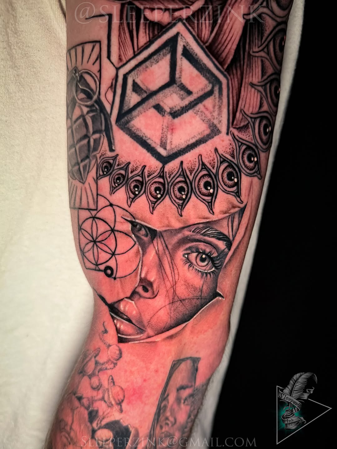 Tattoo by @sleeperzink — black_and_grey, surrealism
