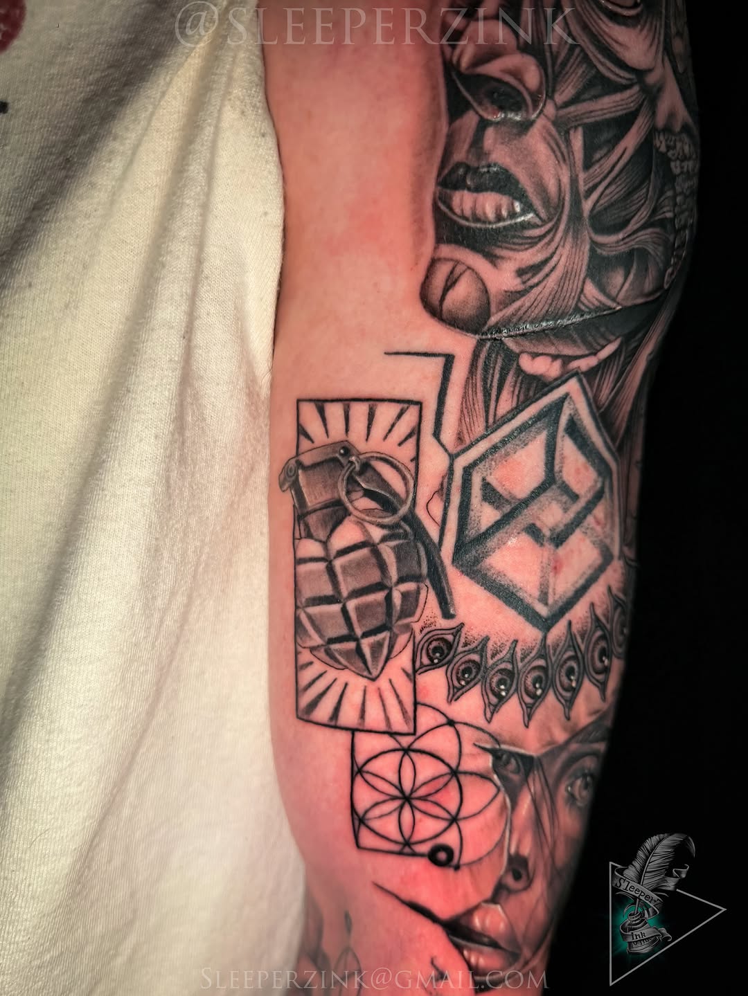 Tattoo by @sleeperzink — black_and_grey