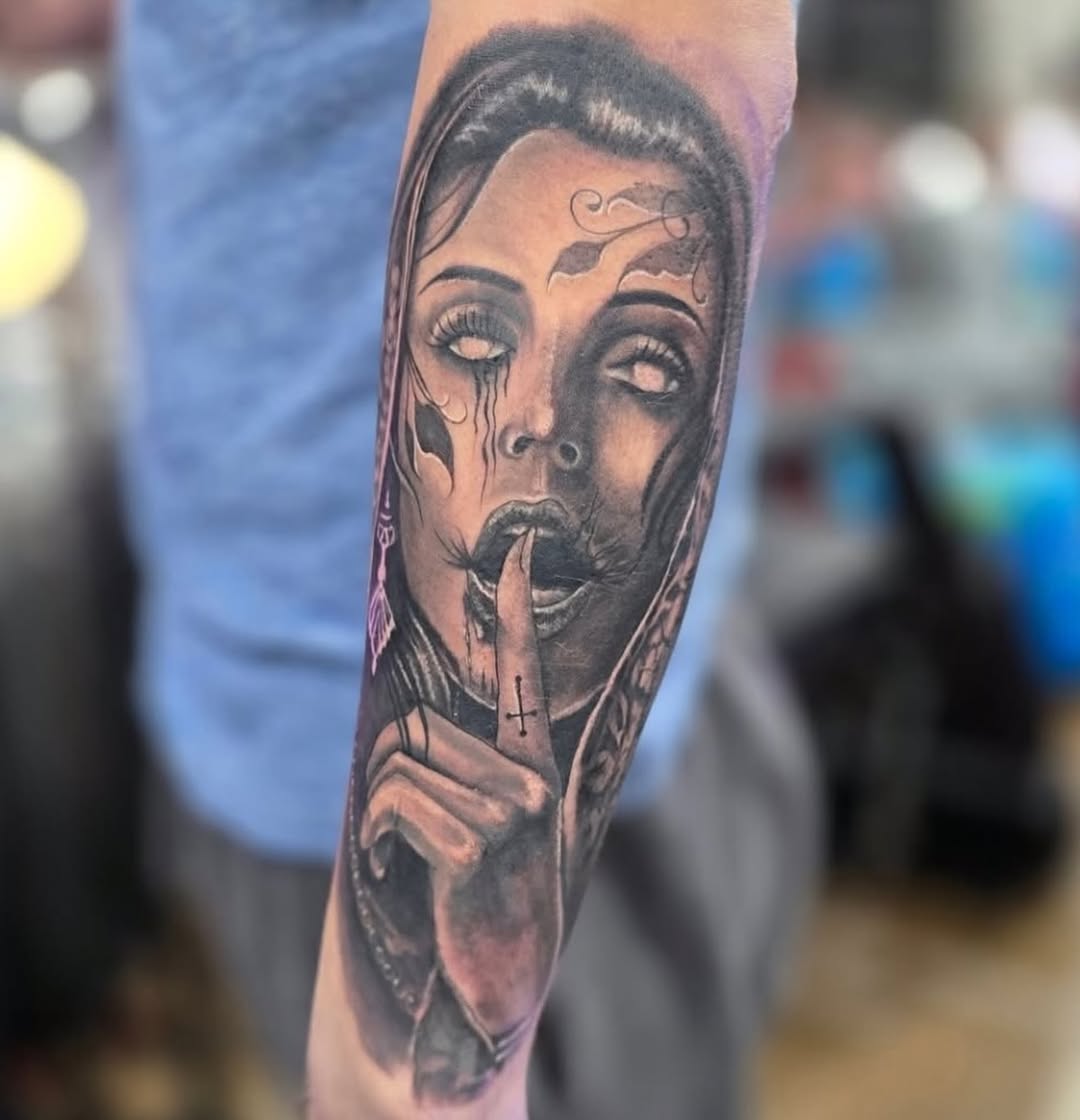 Tattoo by @noposfucktattoos โ realism, black_and_grey