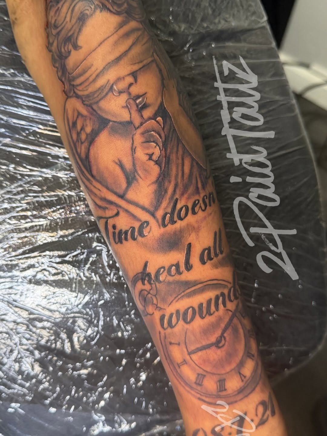 Tattoo by @2paidtattz — black_and_grey, lettering_script