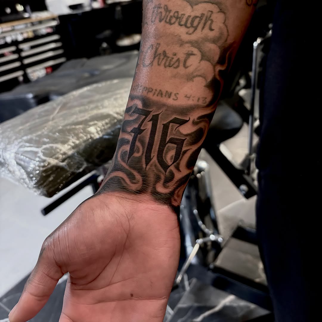 Tattoo by @barbs.tattoos — lettering_script, black_and_grey