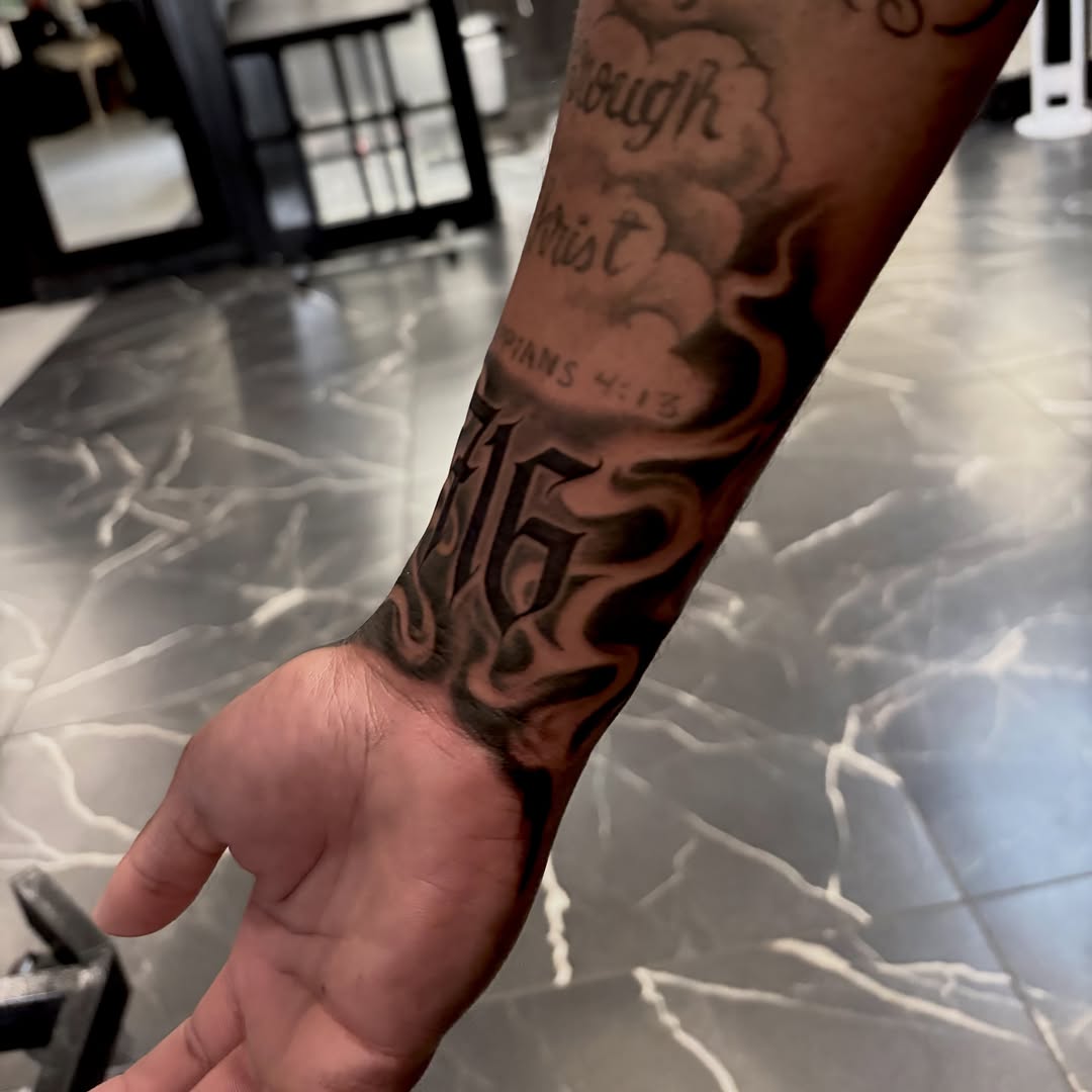 Tattoo by @barbs.tattoos — lettering_script, black_and_grey