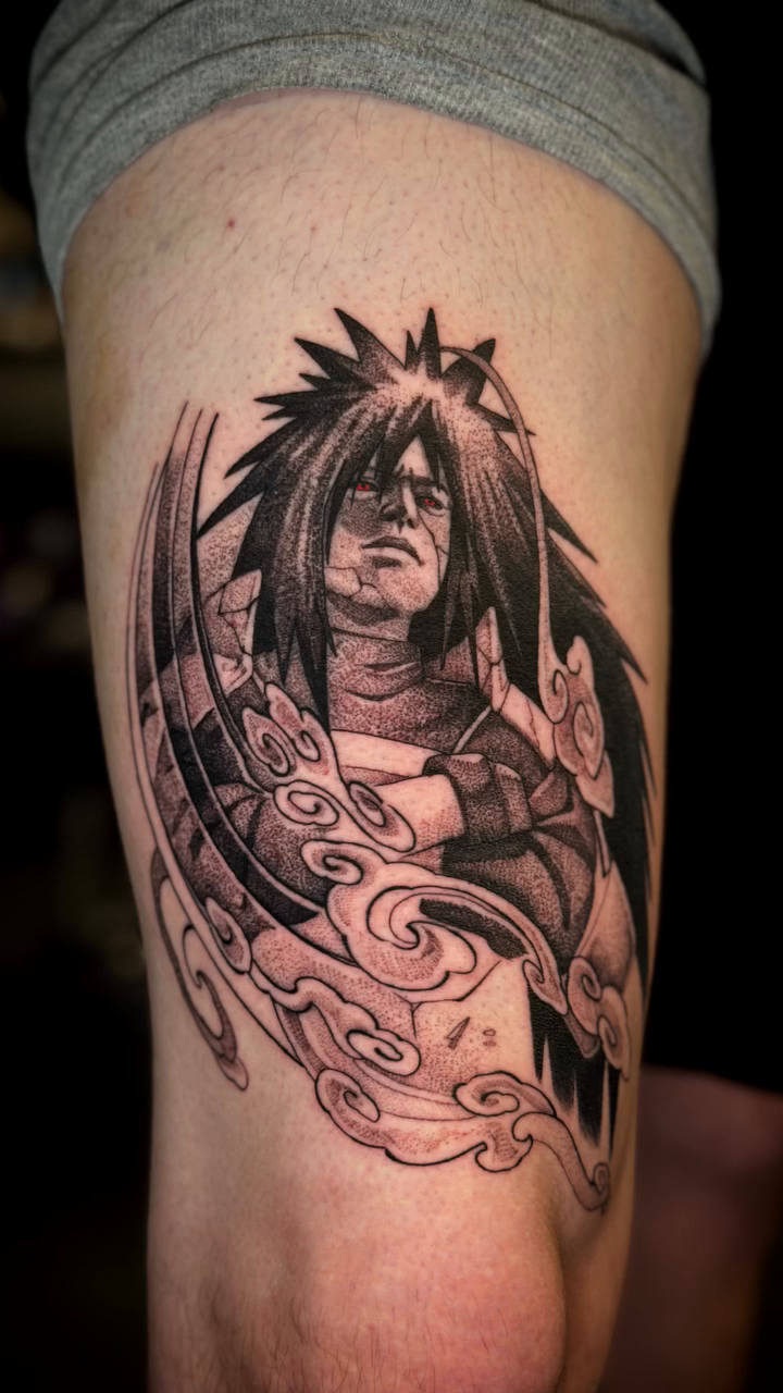 Tattoo by @dumbpeach.jpg — anime, black_and_grey