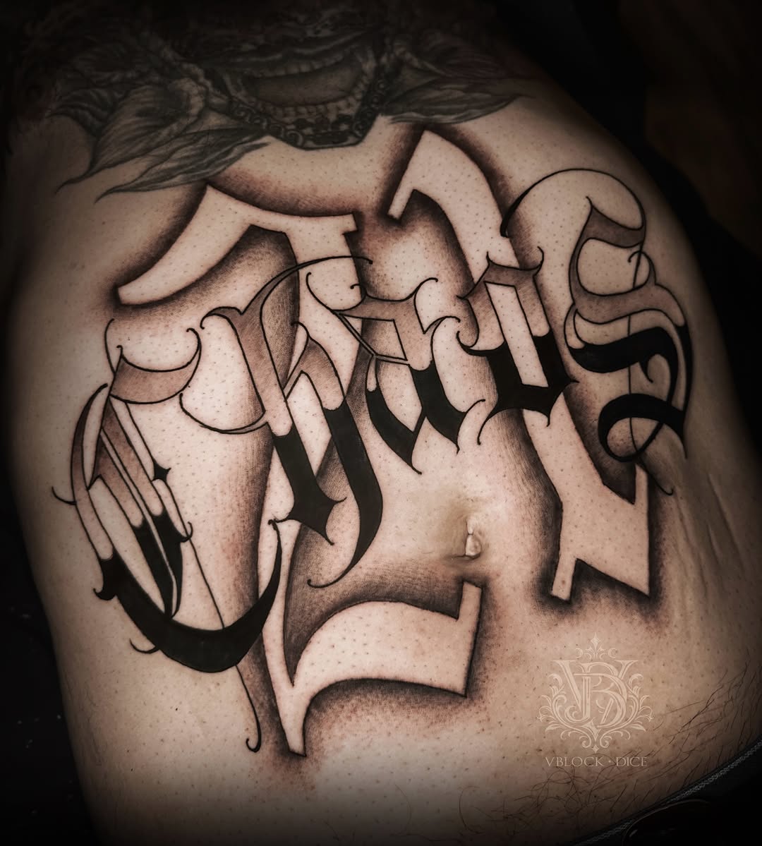 Tattoo by @vblock.dice β lettering_script, chicano