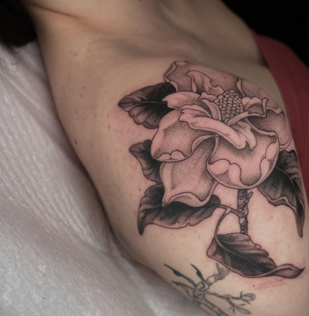 Tattoo by @revoltingworship — black_and_grey, realism