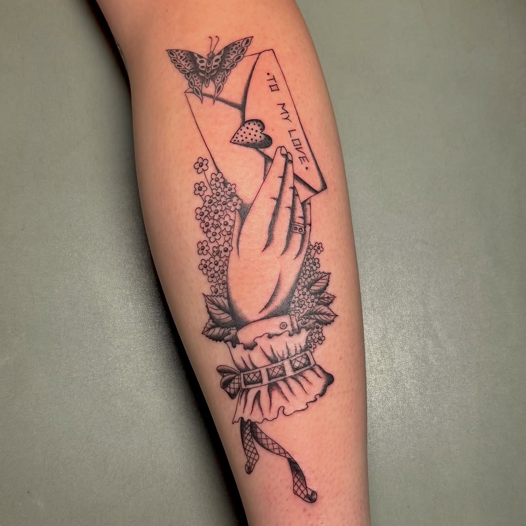 Tattoo by @nathanwohlftattooing — black_and_grey, lettering_script