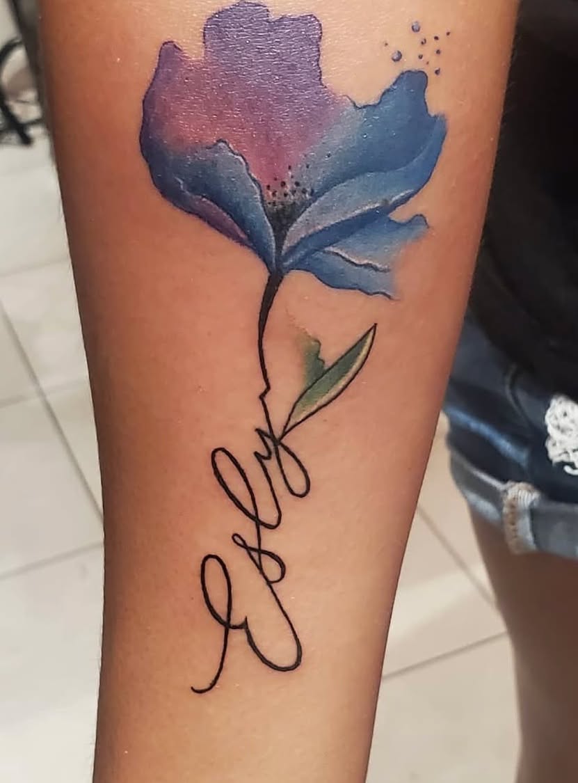 Tattoo by @jonnyriostattoo — lettering_script, watercolor