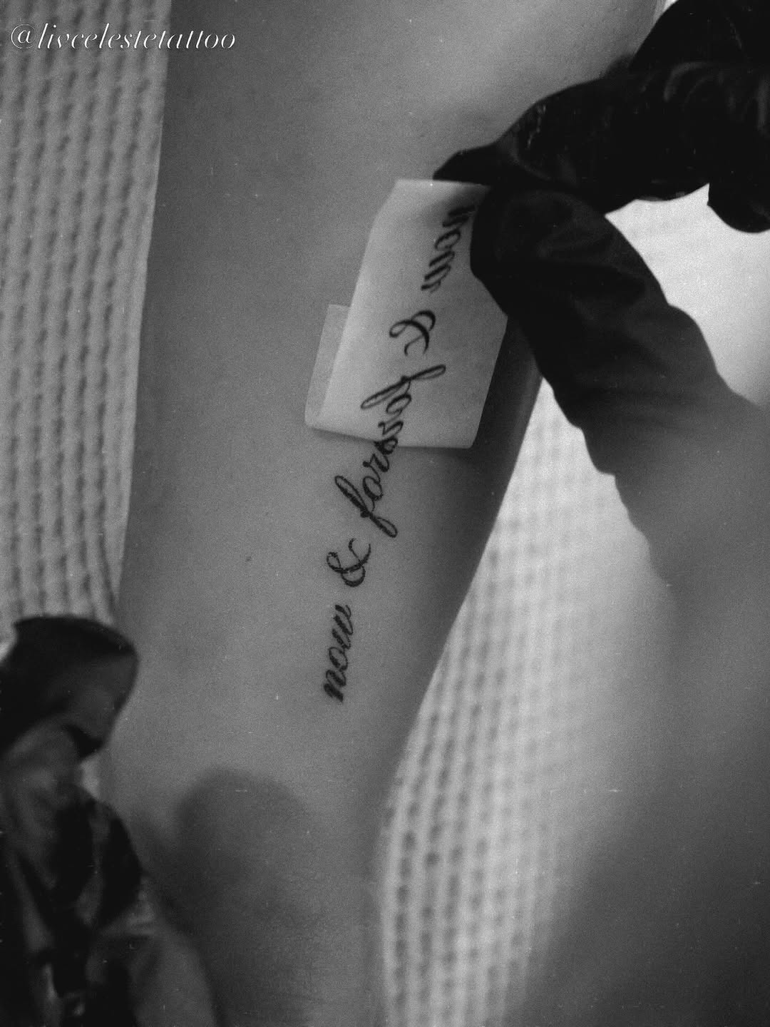 Tattoo by @livcelestetattoo โ lettering_script, fine_line