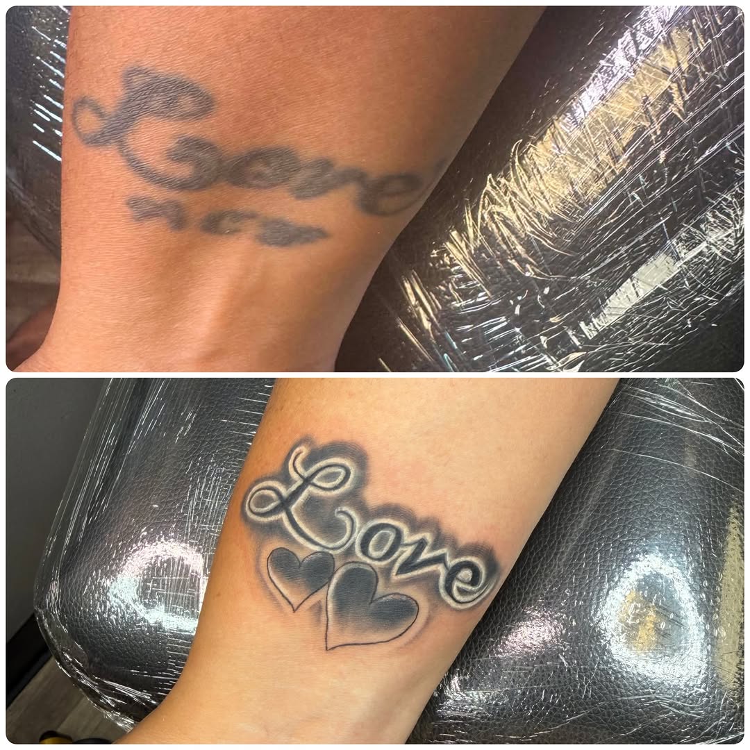 Tattoo by @raincitytattoos โ lettering_script, black_and_grey