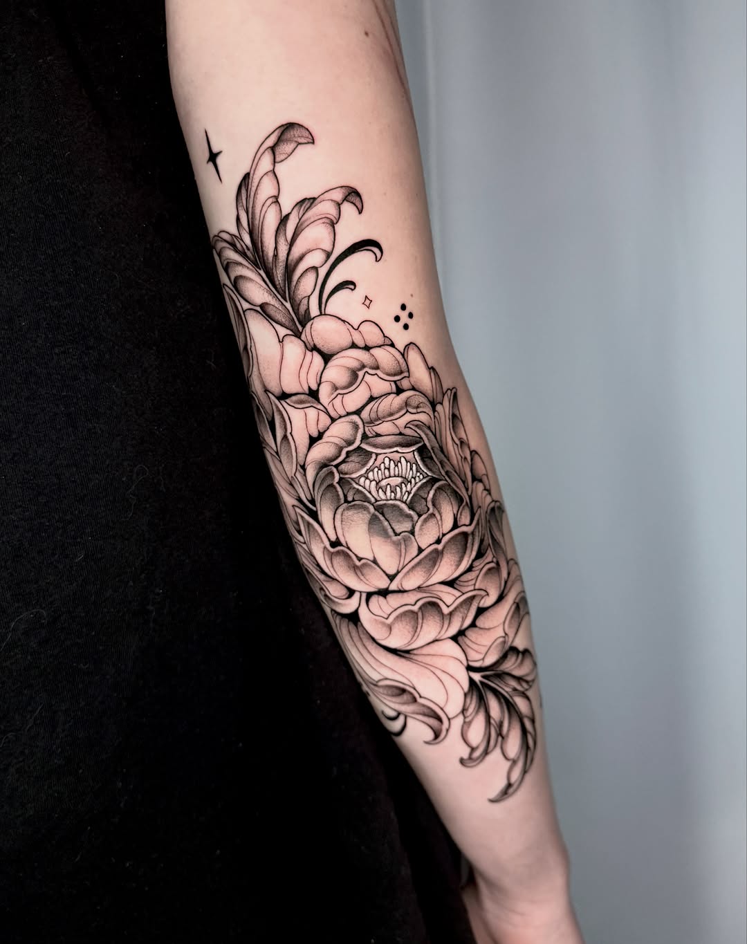 Tattoo by @kathrynsemusart — blackwork, illustrative