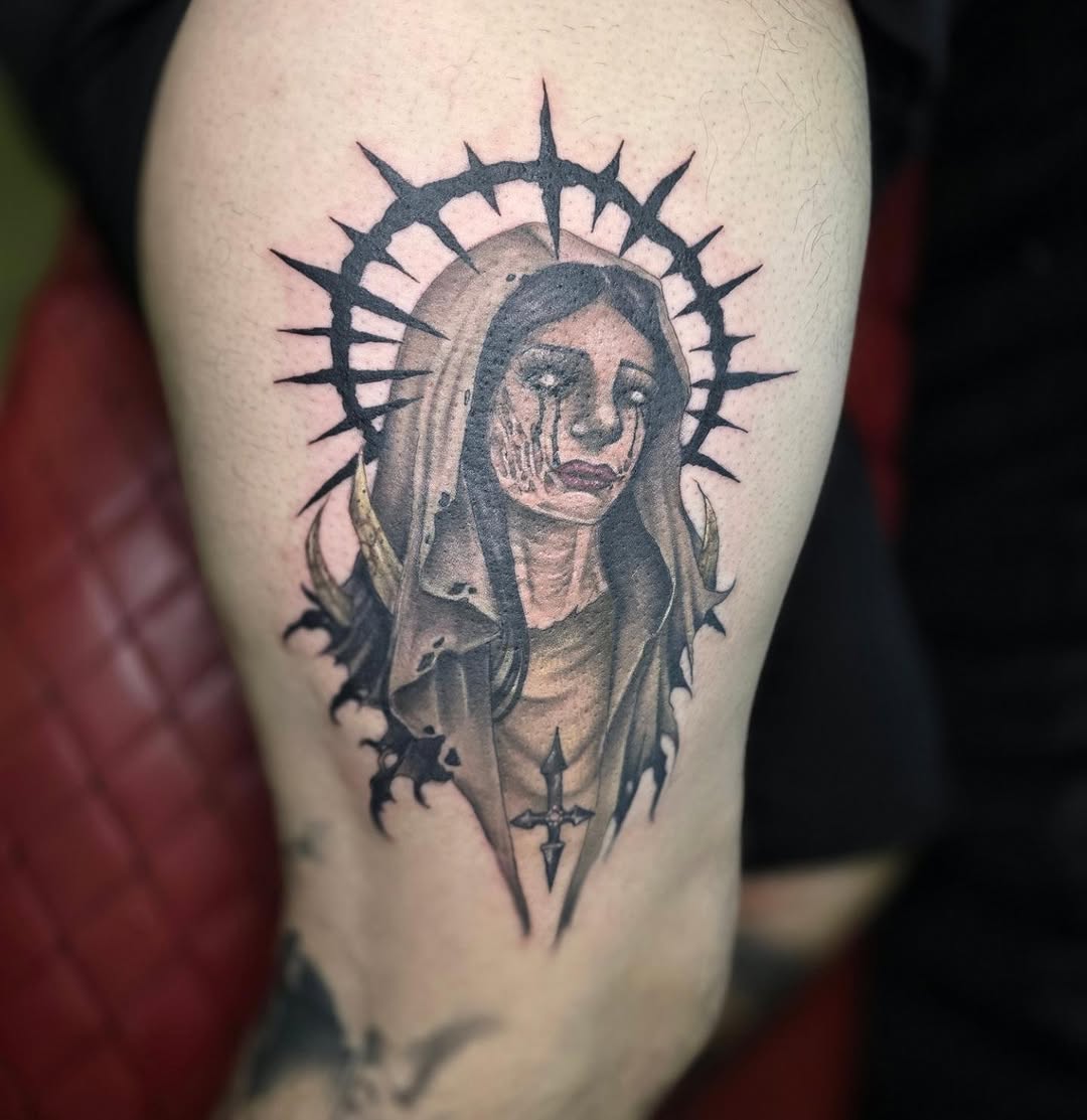 Tattoo by @noposfucktattoos โ dark_realism, black_and_grey
