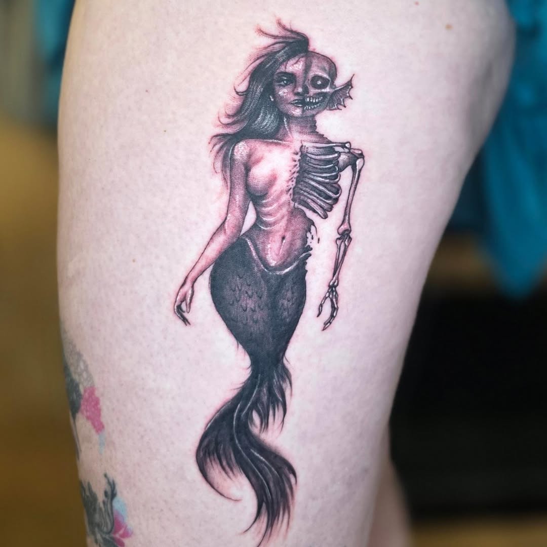 Tattoo by @noposfucktattoos โ dark_realism, black_and_grey