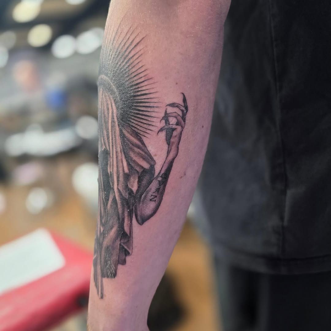 Tattoo by @noposfucktattoos โ dark_realism, black_and_grey