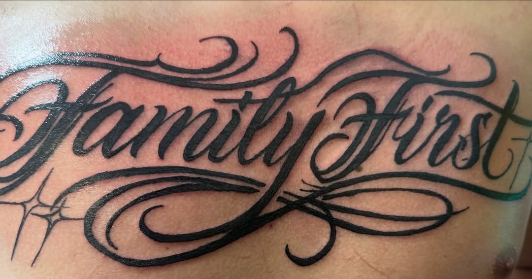 Tattoo by @iced_byison — lettering_script, chicano