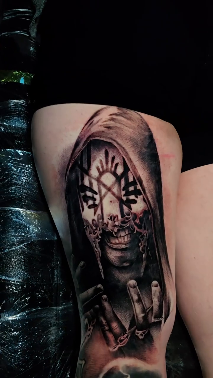 Tattoo by @nathan.matherstattooist — dark_realism, black_and_grey