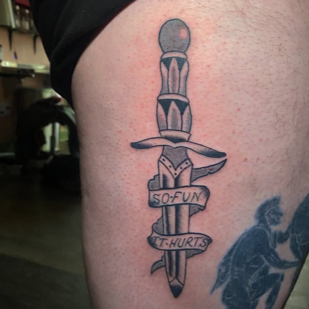 Tattoo by @properbadger — american_traditional, lettering_script