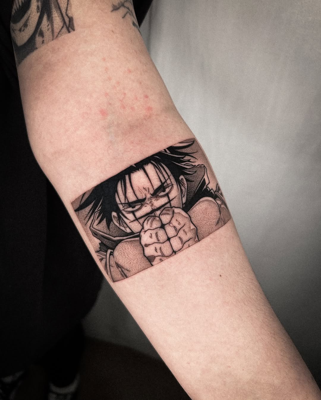 Tattoo by @kevin.tatt — anime, black_and_grey