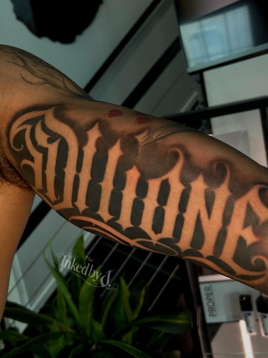 Tattoo by @theinkedbyj โ lettering_script, chicano