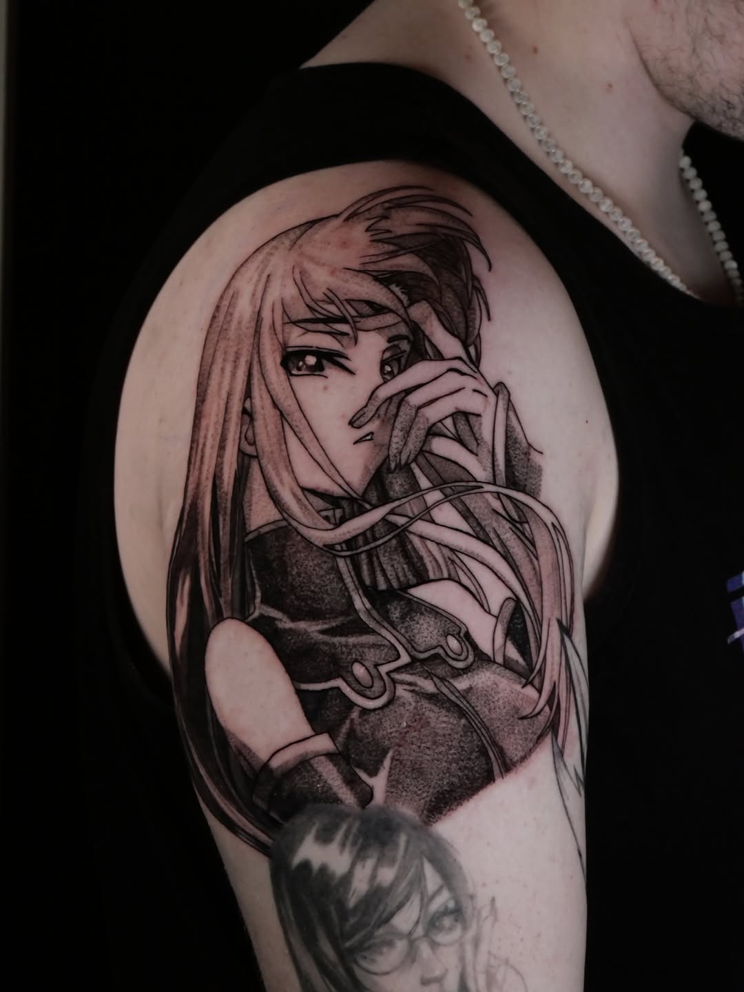 Tattoo by @eclipsedscarletart โ anime, black_and_grey