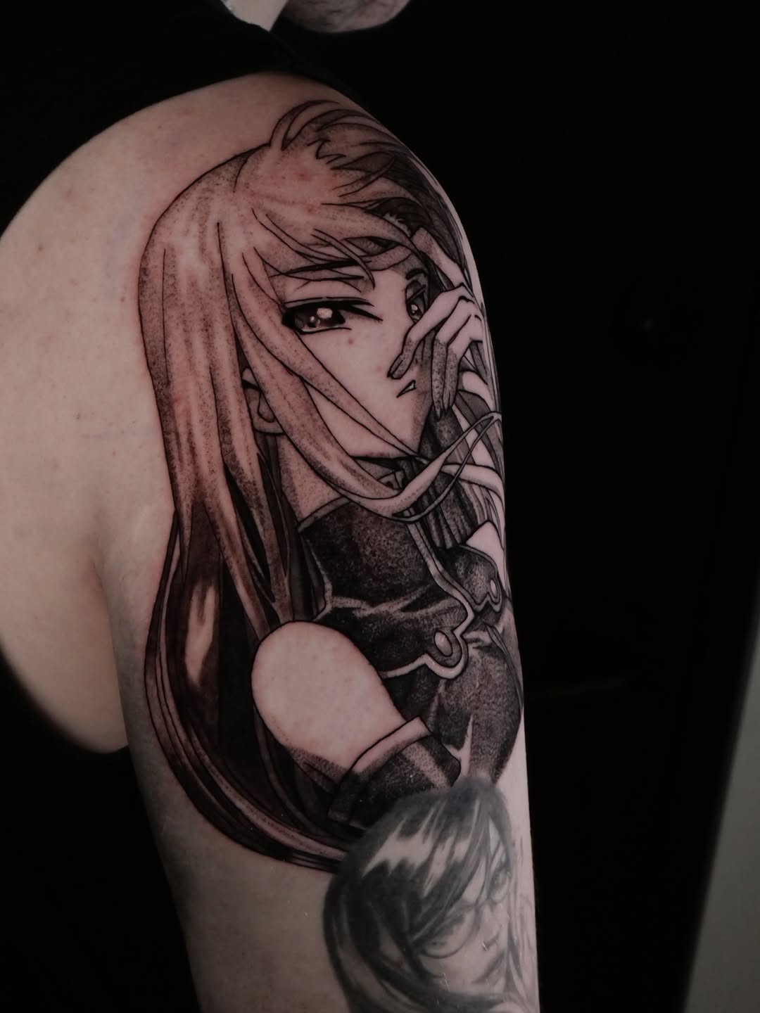 Tattoo by @eclipsedscarletart โ anime, black_and_grey