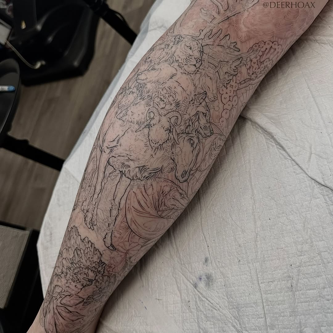 Tattoo by @deerhoax — illustrative, blackwork