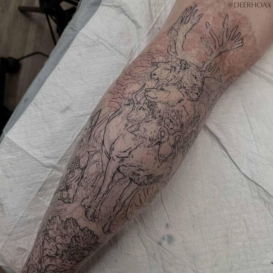 Tattoo by @deerhoax — illustrative, blackwork