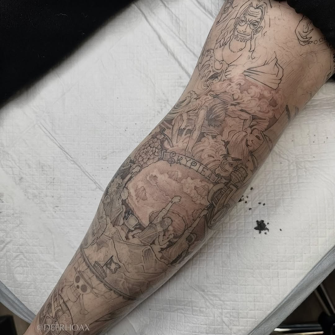 Tattoo by @deerhoax — anime, black_and_grey