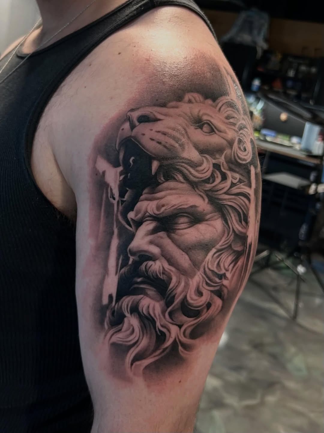 Tattoo by @cxrsmeiertattoos — realism, black_and_grey