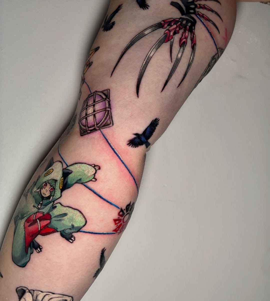 Tattoo by @morgue.inkz — anime, black_and_grey