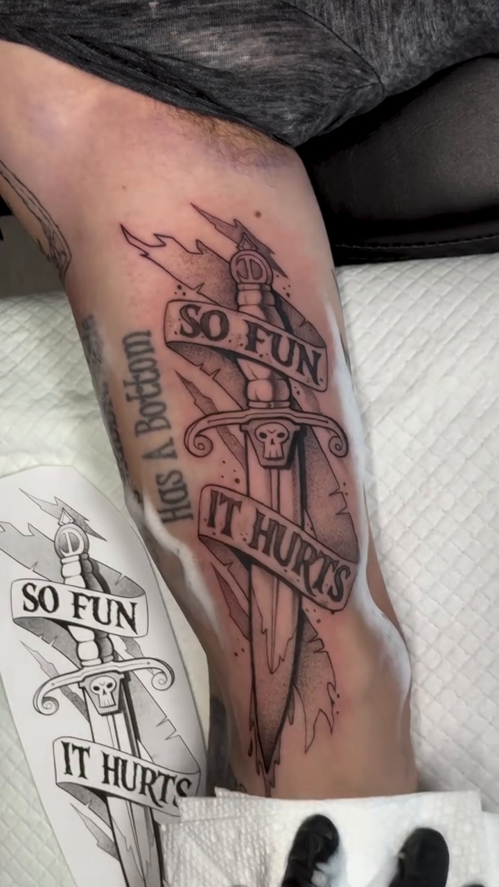 Tattoo by @dangerderektattoo — illustrative, lettering_script
