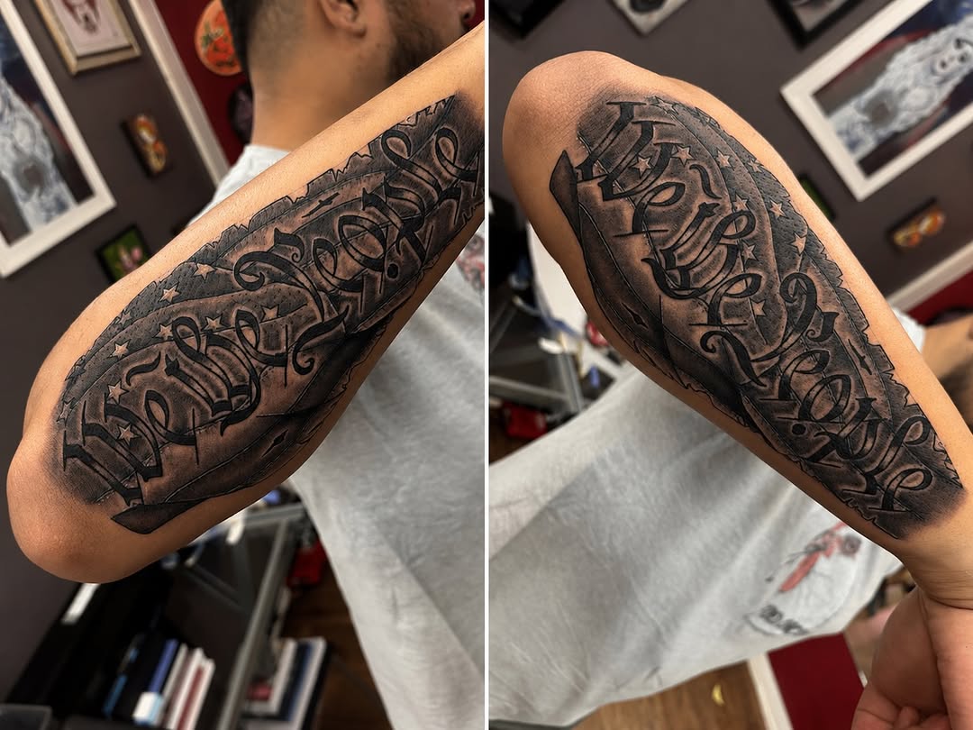 Tattoo by @tattoosbythomgreen — lettering_script, black_and_grey
