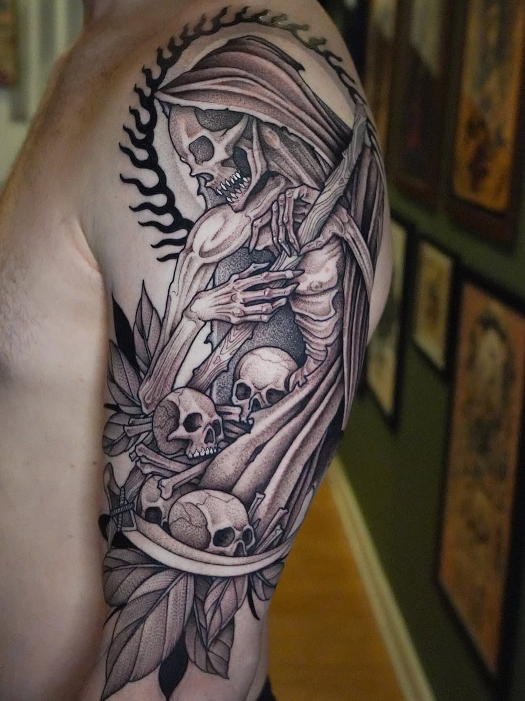 Tattoo by @thiefhands — dark_realism, black_and_grey
