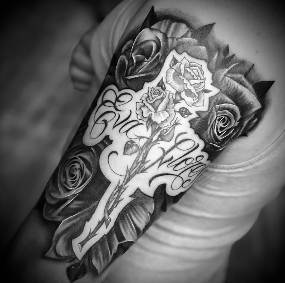 Tattoo by @bigstevelewis — black_and_grey, lettering_script