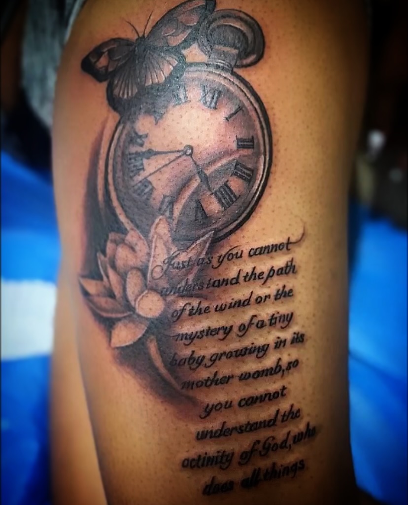 Tattoo by @explicitartdevin — realism, lettering_script