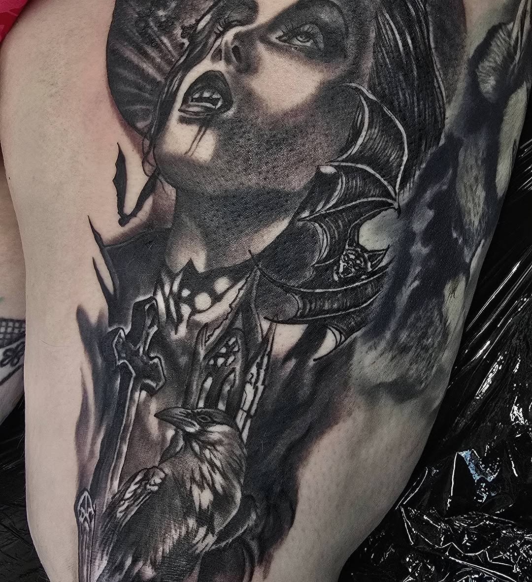 Tattoo by @bn13tattooist — dark_realism, black_and_grey