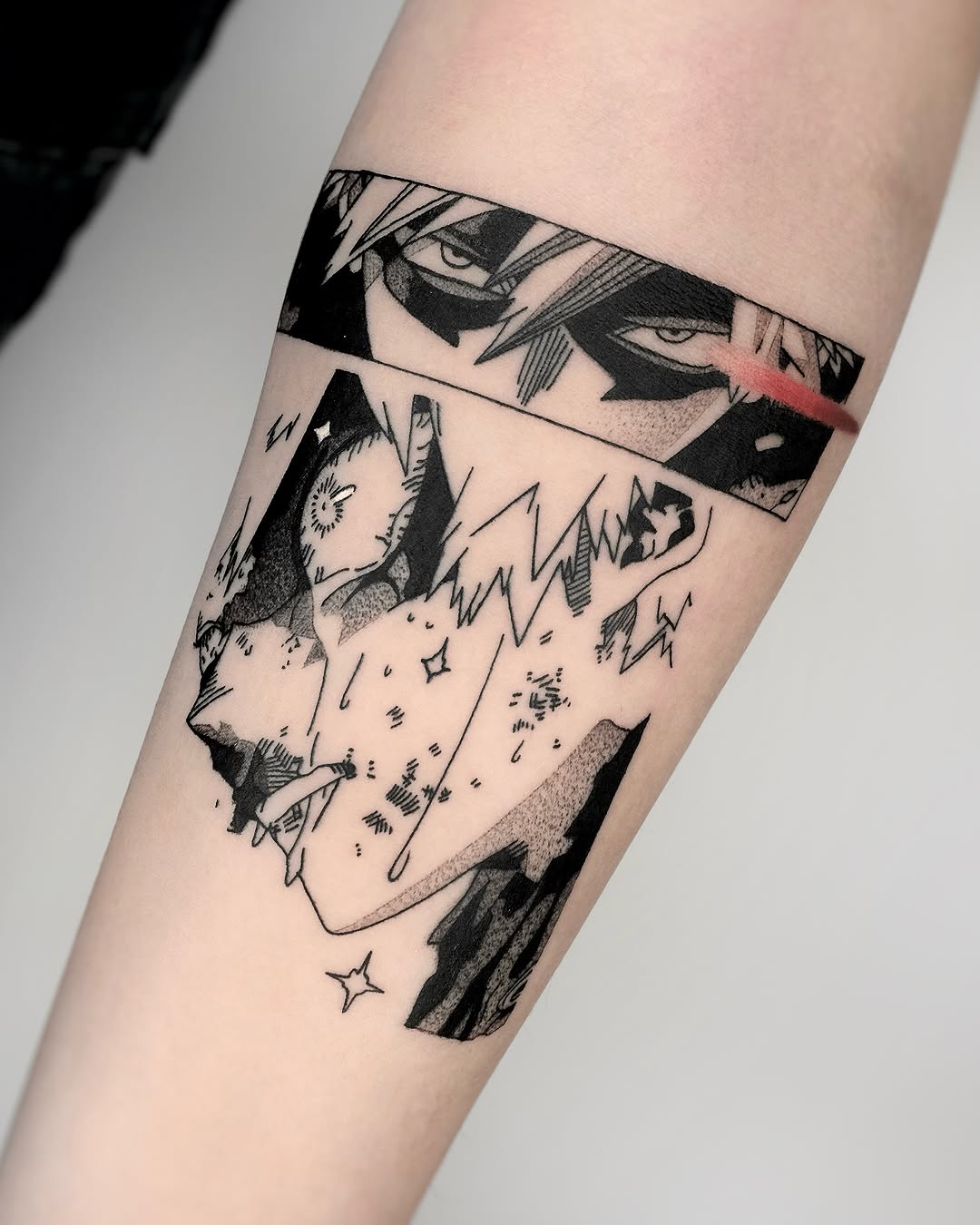 Tattoo by @rika.loli.lady — anime, black_and_grey