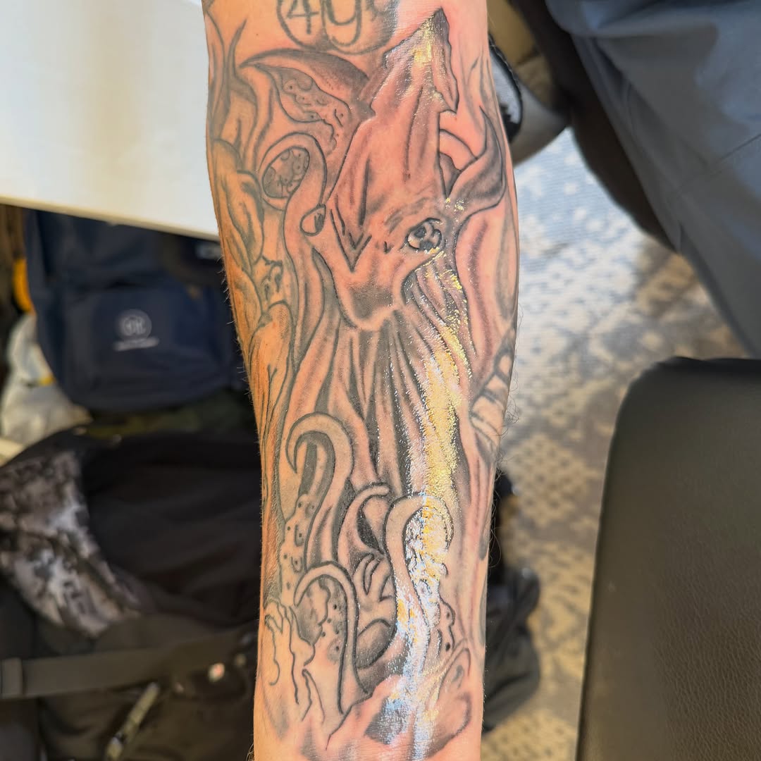 Tattoo by @lonewolftattoo415 — illustrative, black_and_grey