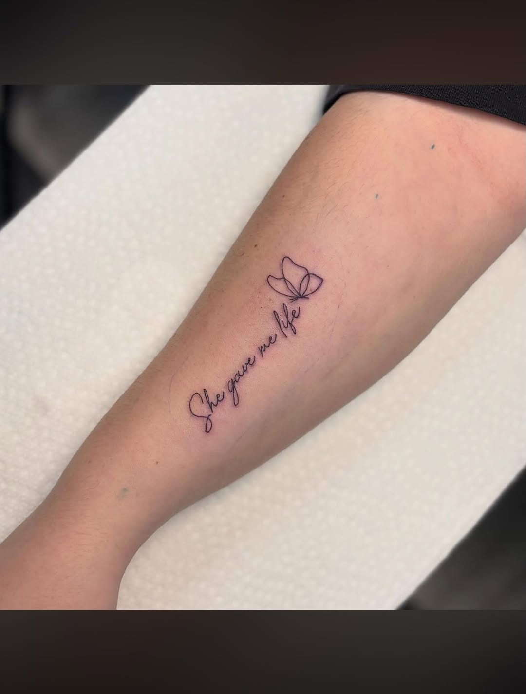 Tattoo by @heavychevytattoos — fine_line, lettering_script