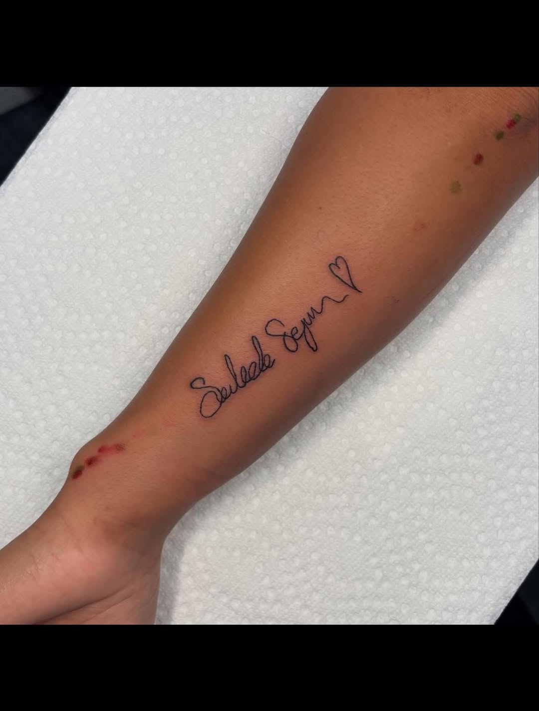 Tattoo by @heavychevytattoos — lettering_script, fine_line