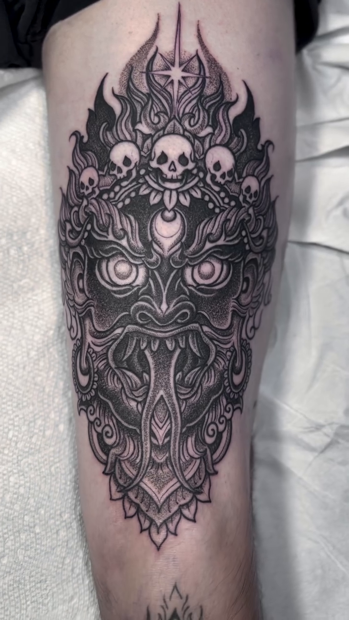 Tattoo by @woodrowtattoo — black_and_grey, dark_realism