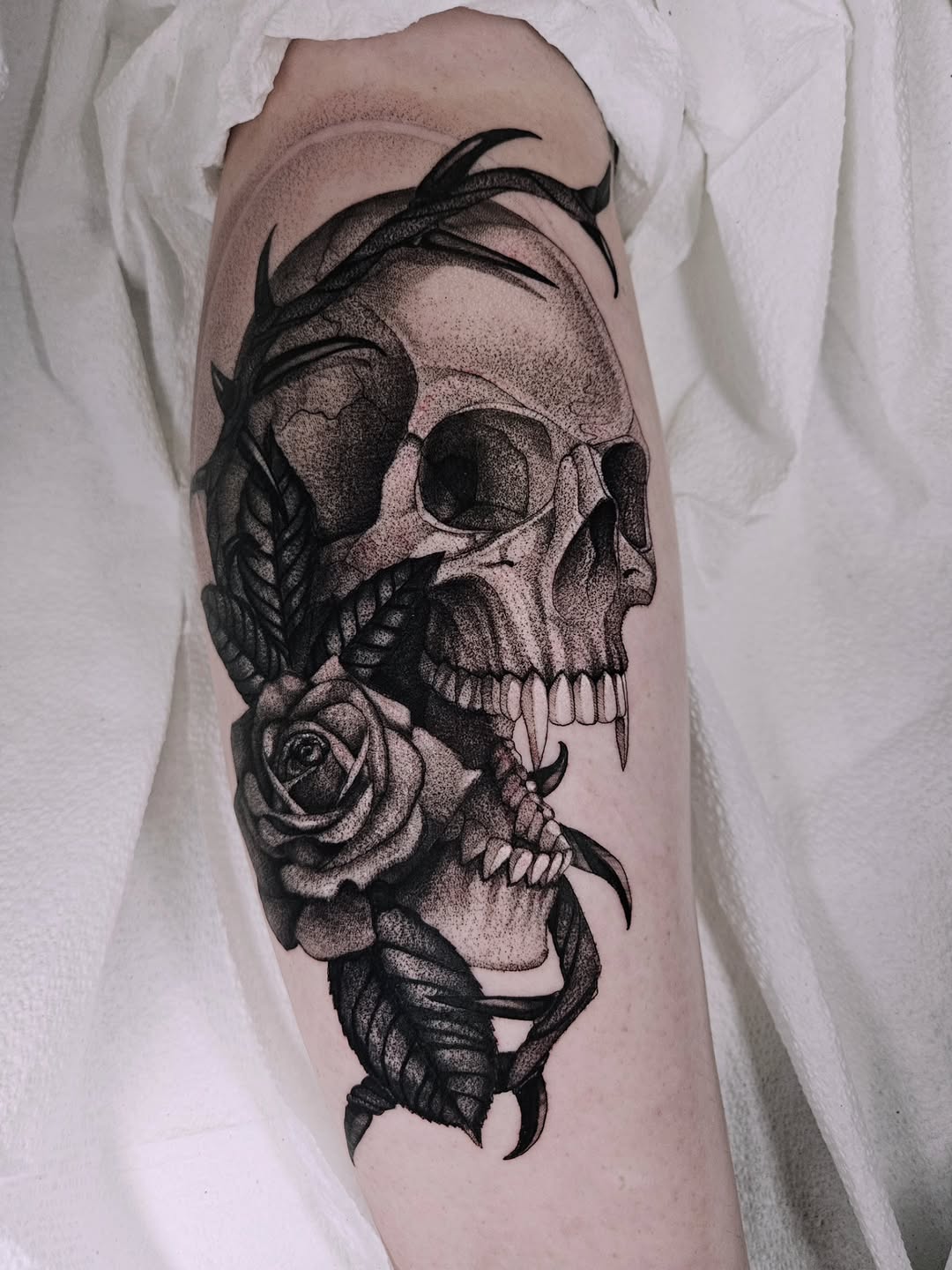 Tattoo by @fermented_ink — black_and_grey, dotwork