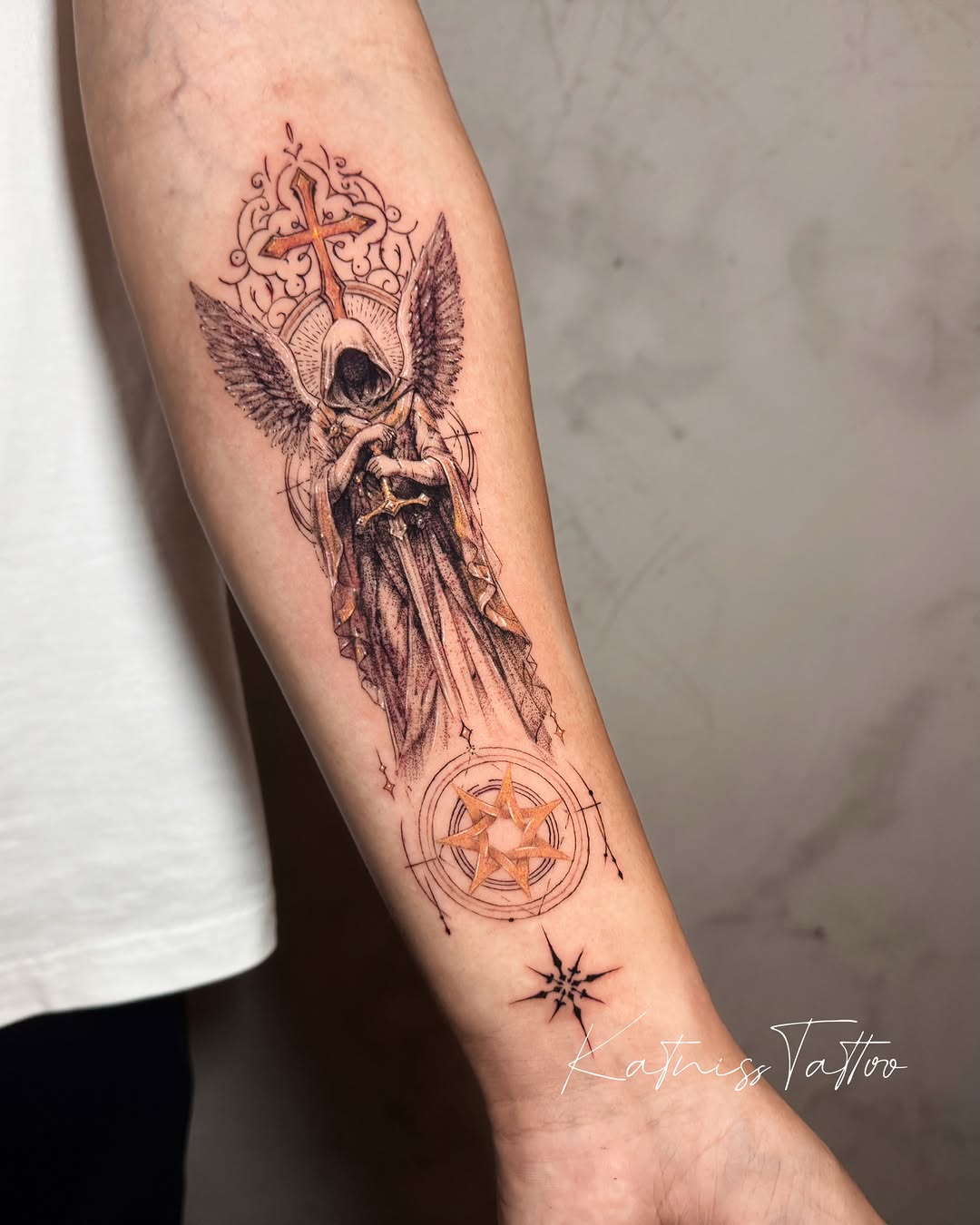 Tattoo by @circletattoo.katniss — illustrative, black_and_grey
