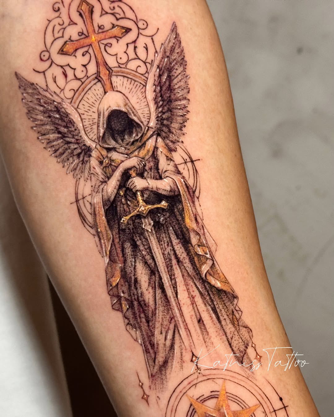 Tattoo by @circletattoo.katniss — illustrative, black_and_grey