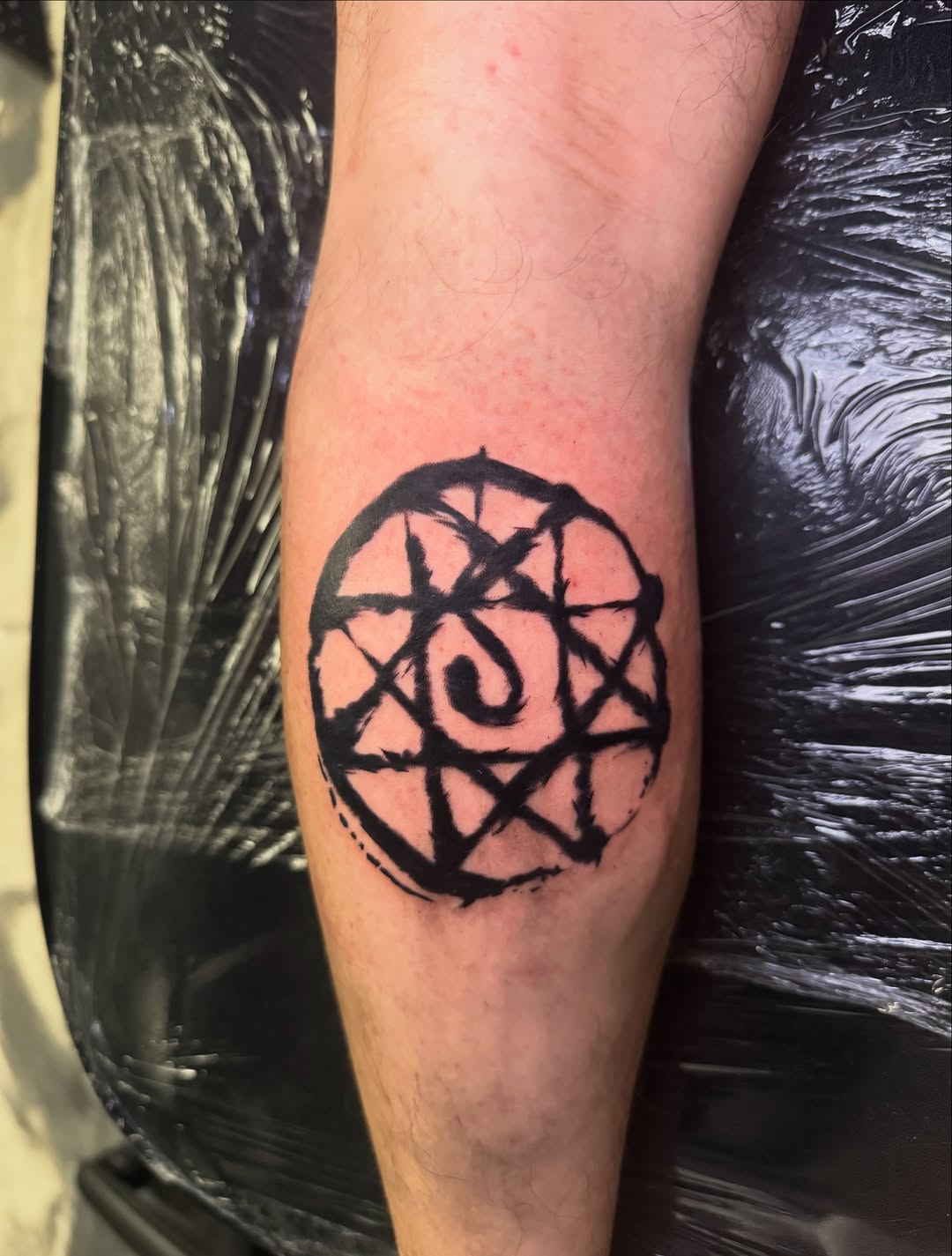Tattoo by @dee.rtst — blackwork, trash_polka