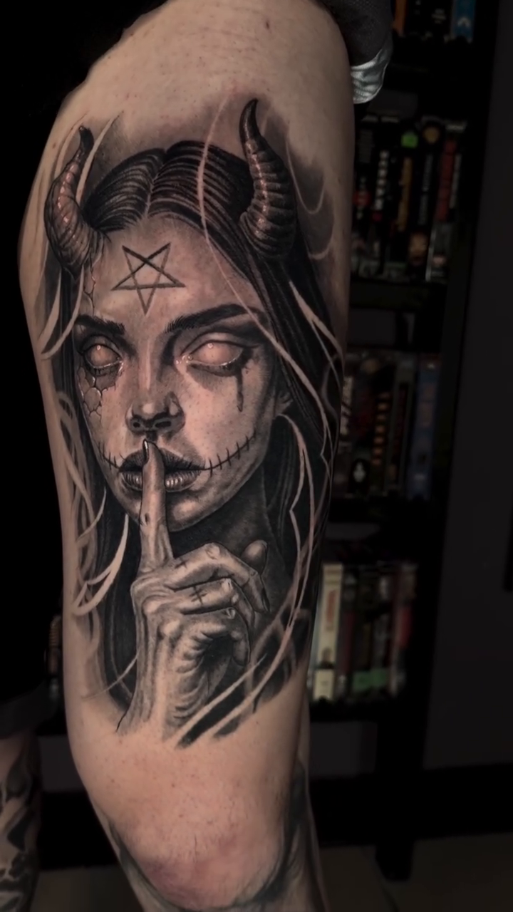 Tattoo by @stevepelkeytattoo — dark_realism, black_and_grey