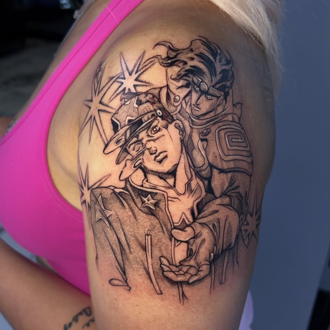 Tattoo by @vienna.tattoo — anime, black_and_grey