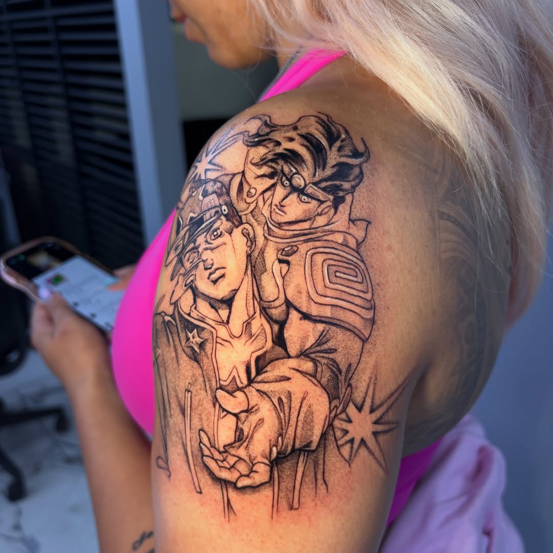 Tattoo by @vienna.tattoo — anime, black_and_grey