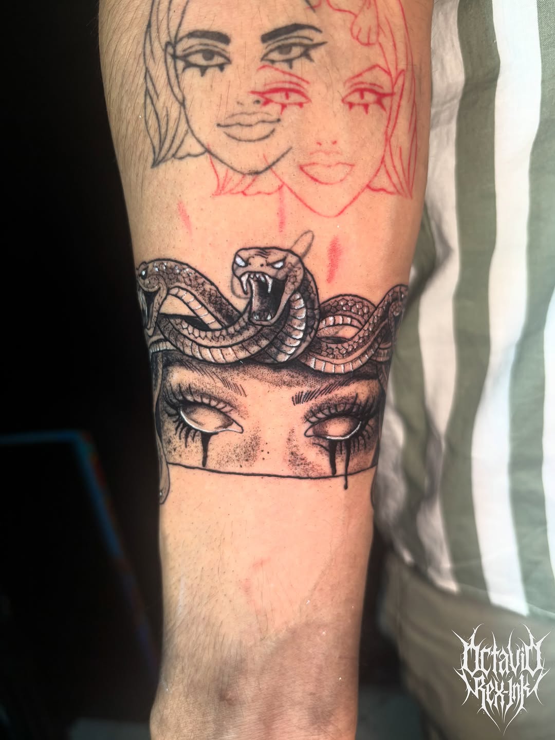 Tattoo by @octavio_rex_ink — black_and_grey, dark_realism